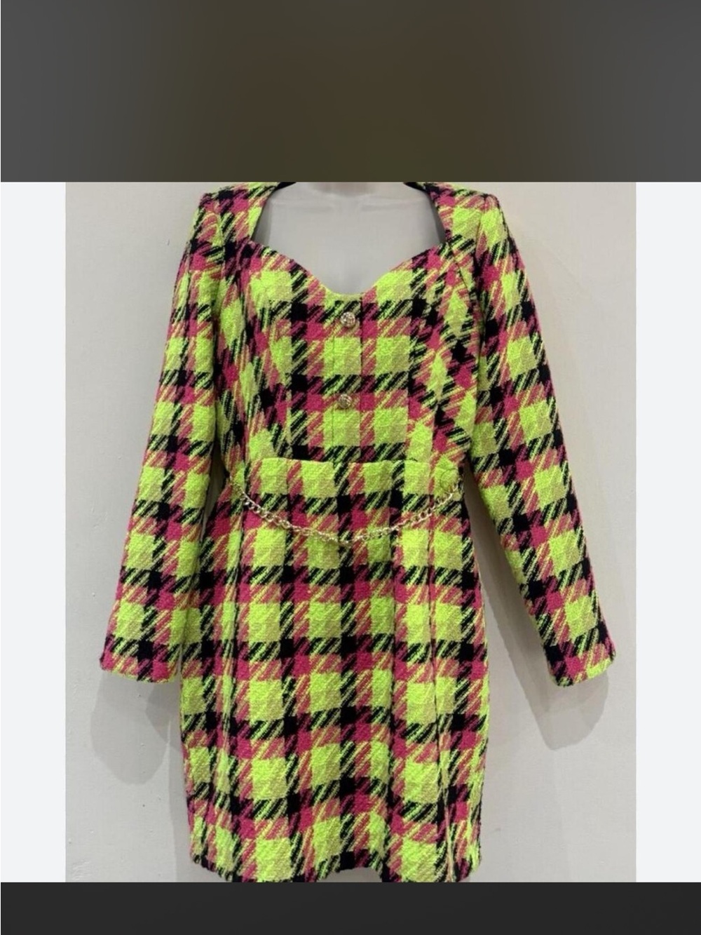 Retro Y2K Neon Plaid Long-Sleeve Sheath Dress with Chain Detail - Yellow/Pink